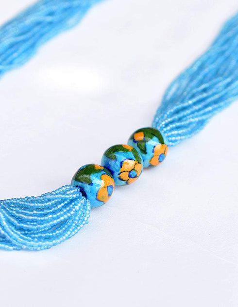 Blue Pottery Three Bead Side Necklace In Turquoise